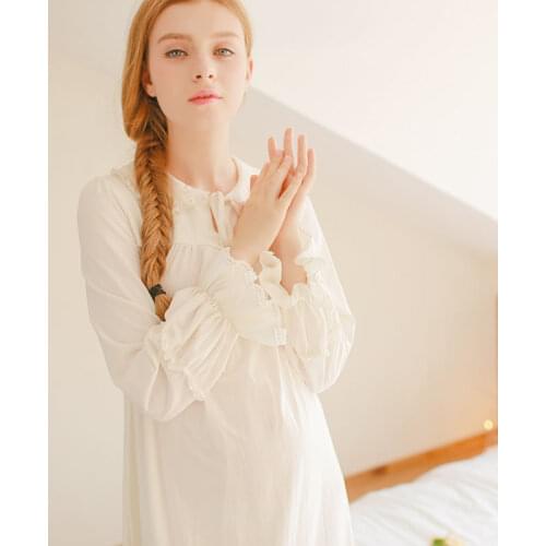 Free Shipping 2015 New Autumn Womens Long Beige and Pink Vintage Pyjamas Home Cloth Lace Sleepwear 100% Cotton Nightgown