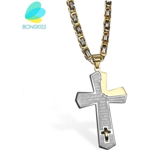 Boniskiss Hot Mens Jewelry Gold/Black/Silver Color Spanish Letter Stainless Steel Bible Cross Necklaces & Pendants For Men