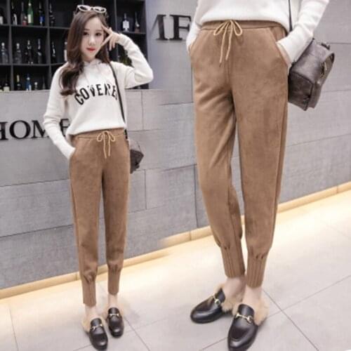 2018 Autumn winter Warm female Suede Pants Womens Stretch high Drawstring Waist Harem Pants Casual slim Trousers Women