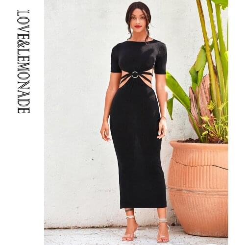 LOVE&LEMONADE Black Round Neck Short Sleeves Open Back Metal Ring Thin Belt Bodycon Knitted Midi Dress AD03099