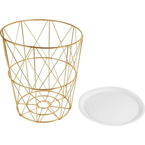 34.5 X 30.5 X 23Cm Iron Metal Coffee Table Dirty Storage Basket Tea Fruit Snack Serving Board Tray Golden White Cover Trumpet