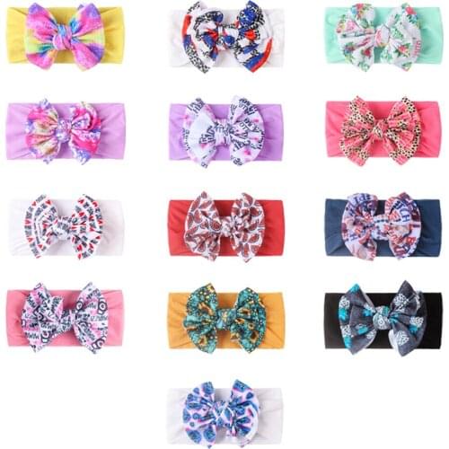 2pcs/lot Trendy Baby Hair Bands Children Headband Flower Girl Nylon Hair Accessories 0-3y Kids Print Double Layer Bowknot Turban