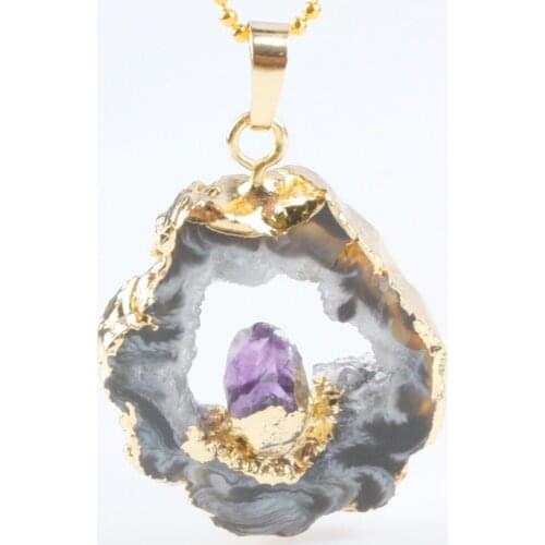 TUMBEELLUWA Irregular Natural Agate Quartz Slice Geode Crystal Druzy Pendant Inlayed Amethyst Point Jewelry
