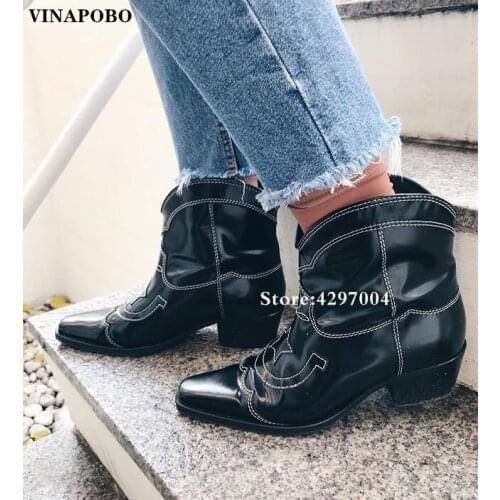 New Embroidery Ankle Boots Woman Chunky Heels Genuine Leather Chelsea Boots Woman Pointed Toe Knight boots For Woman Autumn Boot