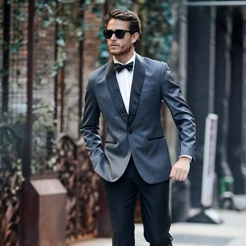 ANNIEBRITNEY Grey 2 Piece Slim Fit Men Suit With Black Pants Tailor Made Skinny Groom Wedding Tuxedo Prom Wedding Men Suit Set