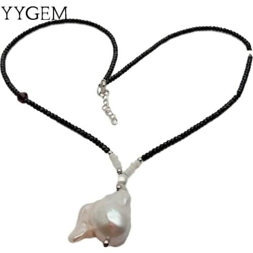 YYGEM Natural Black Faceted Spinel rondelle choker Necklace Cultured White Keshi Pearl Pendant necklace 21'' for women
