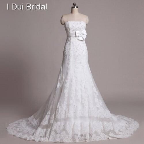 Strapless Beaded Tulle Lace Ribbon with Bow A line Wedding Dresses Real Picture Chapel Train