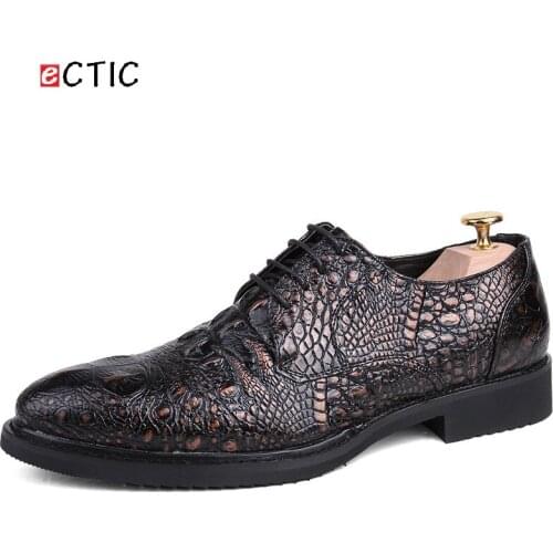 ECTIC Luxury Brand Autumn Crocodile Brogue Men Wingtip Shoes Leather Man Formal Rubber Outsole Cowboy Vintage Retro Swag