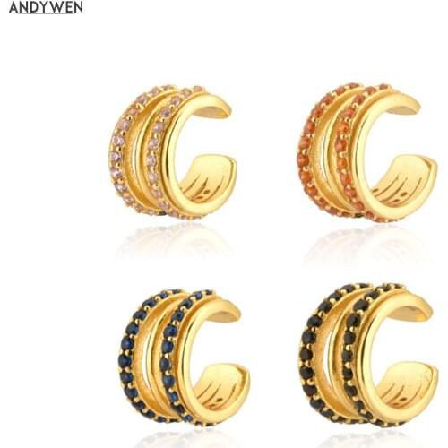ANDYWEN 925 Sterling Silver Gold Pink Orange Blue Black Colorful Ear Cuff Earring No Piercing Clips Earcuff Women Rock Puck