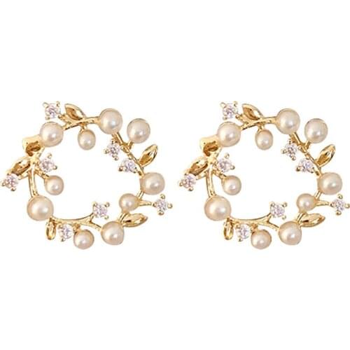 UAM New Geometric Plant Round Shape Multiple Rhinestones Pearl Stud Earrings Women Wholesale Classic Fashion Earrings Jewelry