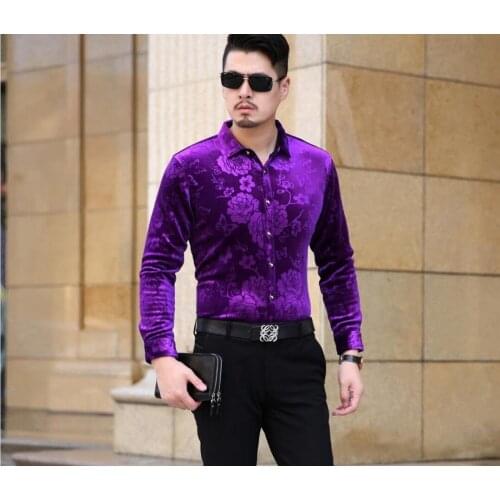 High Quality Mens Autumn 2016 Fashion Design Gold Velvelt Floral Dress Shirt Casual Business Males Flowers Velvet Shirts