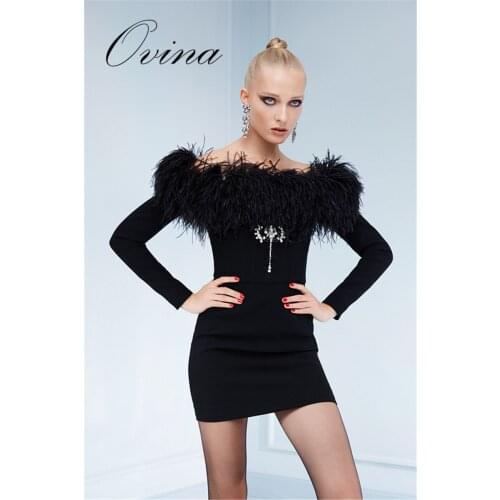 High Quality Slash Neck Fur Long Sleeve Beaded Black Rayon Bandage Women Dress Evening Party Dress