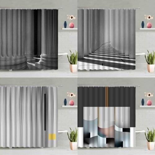 Black White Gray Shower Curtain Set 3D Modern Simple Bathtub Decoration Screen Bathroom Hanging Curtains Waterproof With Hooks