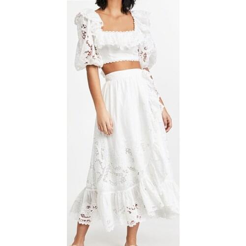 New Spring and 2021 Summer Womens Half-length Skirt Two-piece Hollow Embroidered Lace Cropped Blouse Australia Luxury Designer