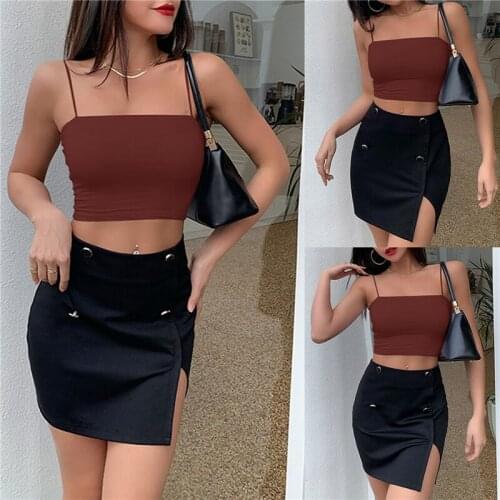2021 Fashion Womens Bodycon Mini Skirt Casual High Waist Solid Color Button Front Pencil Skirt Summer Casual Fitting Buttoms