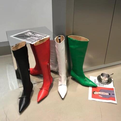 Women Knee Booties Pointed Toe Belt Design Beautiful Knight Bootes Black/White/Green/Red Thin Mid Heels Chelsea Boots Martin