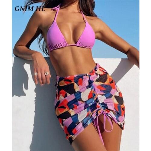 GNIM Sexy Triangle Solid Bikini Swimwear Women 2021 Summer Three Pieces Cover Up Drawstring Beachwear Backless Bandage Swimsuit
