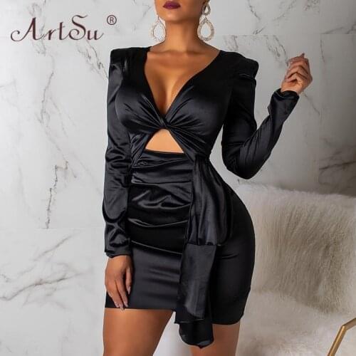 ArtSu Fashion Satin Silk V-Neck Black Pink Sexy Party Dress Women Summer Bodycon Short Club Dress Hollow Out Vestidos De Verano
