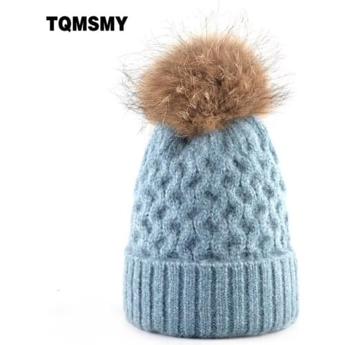 100% raccoon fur ball hats for women winter Knitted wool Beanies Thick warm hat PomPom Ball Ladies Solid Color Knit Woolen Bonne