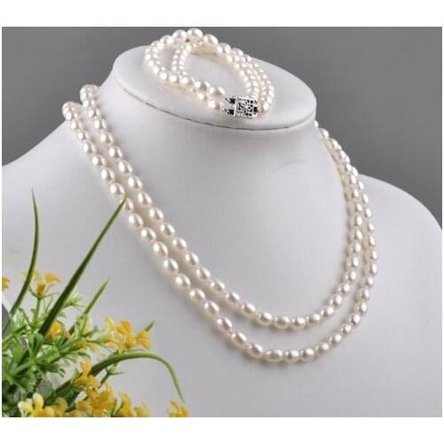 2 ROWS!!! Freshwater Pearl Jewelry Set, Fashion Necklace Bracelet Set for Charm Bride Lady Female Jewellery, 30sets/lot