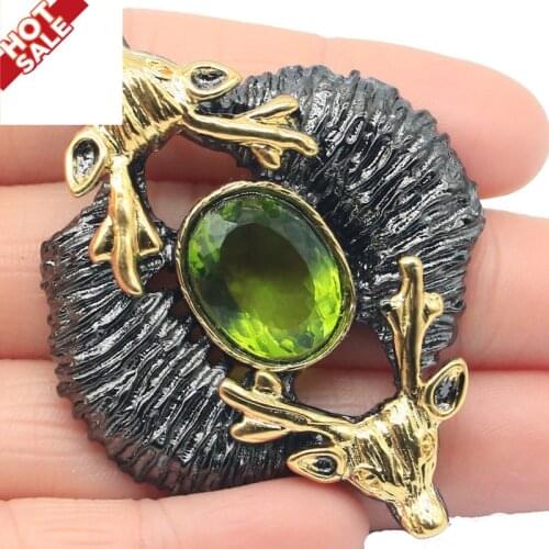 56x42mm 26g Male deer Created Green Peridot Rhodolite Garnet Violet Tanzanite Cool Black Gold Silver Pendant Gift For Man Gothic