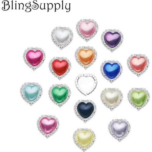 Free shipping 20mm 50pcs heart shape pearl rhinestone button with flat back (BTN-5031)