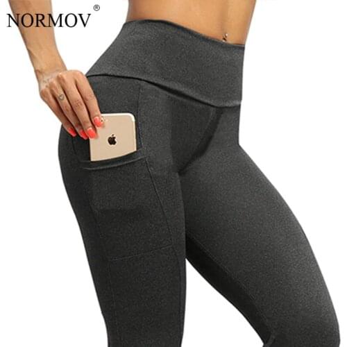 NORMOV Women Leggings Plus Size Solid Color High Waist Pocket Legging Leisure Workout Push Up Fitness Legings