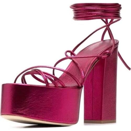 Platform Girls Dress High Heeled Sandals Solid Lace Up Round Toe Chunky Heel Fashion Sandals Gladiator Snake Print Big Size 43
