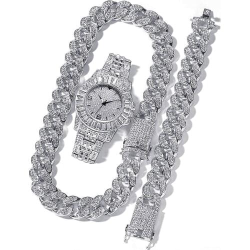 Iced Out Watch for Men Women Hip Hop Rapper Miami Cuban Chain Gold Color Iced Out Necklace Paved Rhinestones Bling Men Jewelry