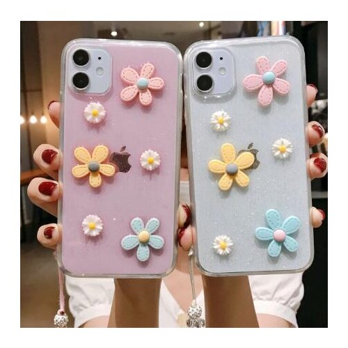 3D Sun Flower Phone Case for iPhone 11 12 13 Pro Max XR X XS Max 7 8 Plus Glitter Bling TPU Clear Cover Strap Coque with Lanyard