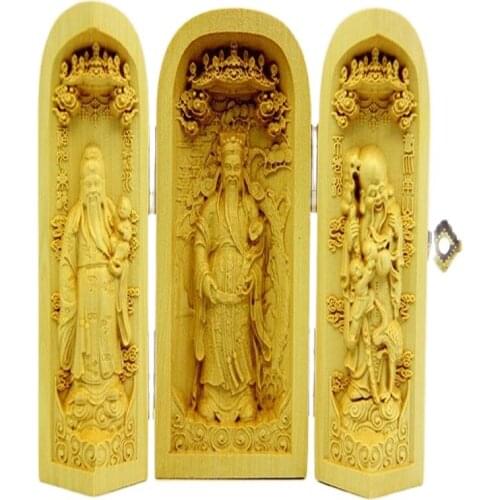 CAJA PLEGABLE decorada 100% madera de boj gran dificultad tallada estatua de Dios de la riqueza fukurokuku Samsung