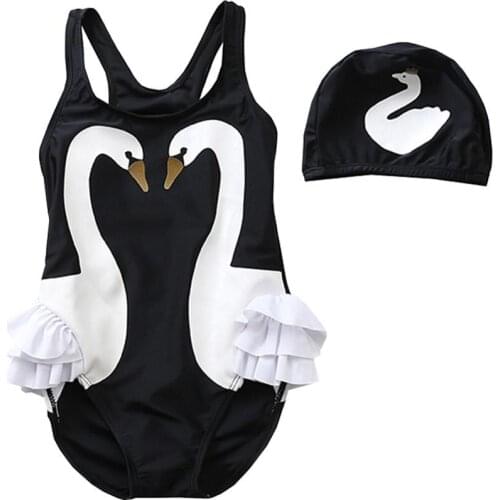 Baby Swimsuit Girls Swimwear + Hat Set One Piece Swimsuit For Children Bathing Suit Toddler Cartoon Print Swimming Clothes