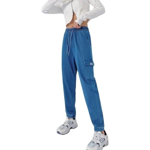 Spring Summer Jeans Women High-Waist Casual Cargo Pants Female Loose Thin Denim Trousers Ladies Drawstring Cotton Pencil Pants