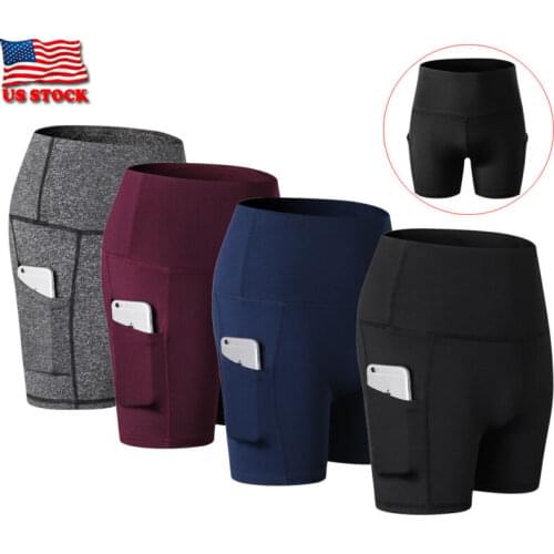 Hirigin Women Yoga Shorts With Pocket Sports High Waist Athletic Gym Workout Fitness Sexy Stretch Beach Breathable Solid Legging