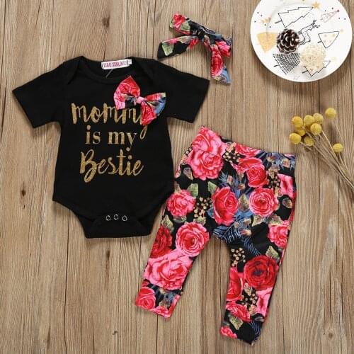 Kid Toddler Infant Baby Boy Girl Letter Romper+Print Pants+Hairband Outfits Set Spring Baby Girls Clothes Sets Summer Outfits