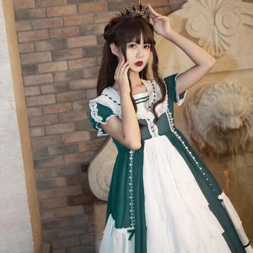 Lolita Op Summer Short Sleeve Dress For Women Anime Kawaii Girls High Waist Chiffon Japanese Cosplay Sweet Clothes Victorian Cos