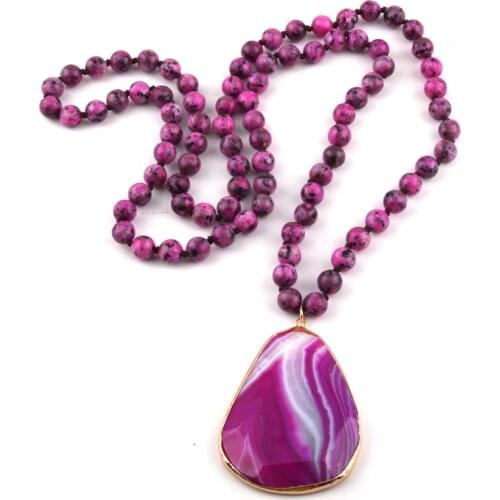 Fashion Bohemian Tribal Jewelry Beautiful Stripe Stone long Knotted Necklaces Facet Drop Pendant Ethnic Necklace