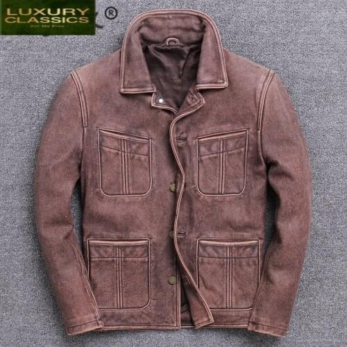 Genuine Leather Jacket 100% Men Natural Cow Leather Coat Male Streetwear Plus Size Motorcycle Mens Leather Jacket V-705