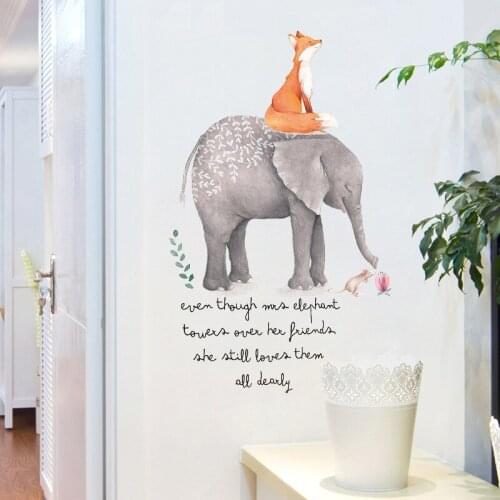 New Cartoon Animals Elephant with Fox wall sticker decal Vinyl Wall Sticker For Kids Baby Nursery Wall Decal Elephant Wallpaper