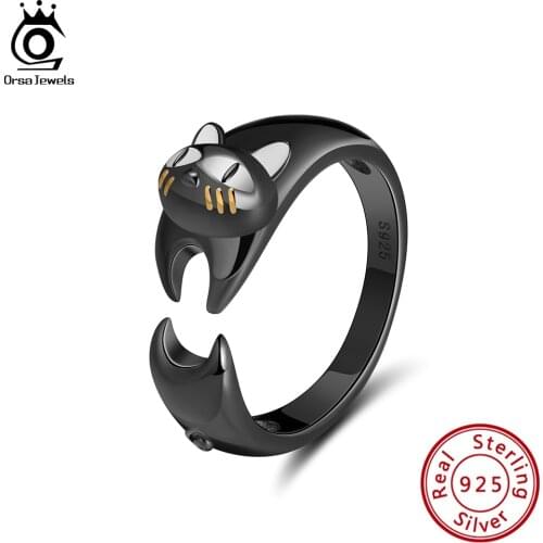 ORSA JEWELS Authentic 925 Sterling Silver Women Ring Vivid Black Stretching Cat Adjustable Size High Polished Girl Jewelry SR93