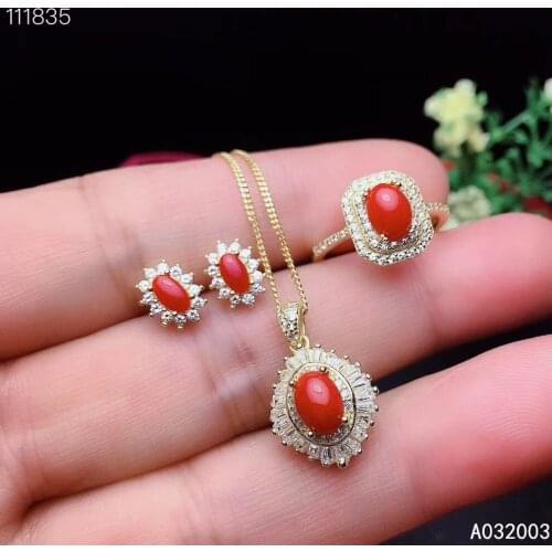 KJJEAXCMY Fine Jewelry 925 sterling silver inlaid natural red coral ring pendant earring set luxury supports test