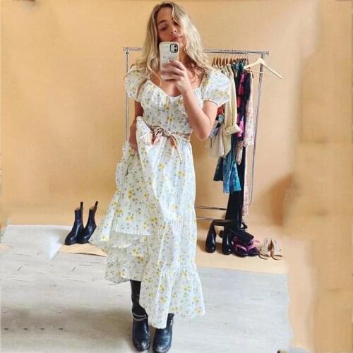 Foridol Lace Up Vintage Yellow Summer Maxi Dress Women Short Sleeve Floral Print Boho Holiday French Style Long Dress Robe 2021