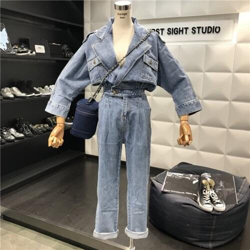 Women Denim Rompers 2019 Autumn Vintage Water Washed Lapel Slim Baggy Jeans Pants Womens Blue Denim Overalls Student Rompers