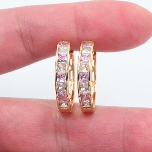 Gold Color Women Classic Pink White Cubic Zirconia CZ Huggie Hoop Earrings Jewelry