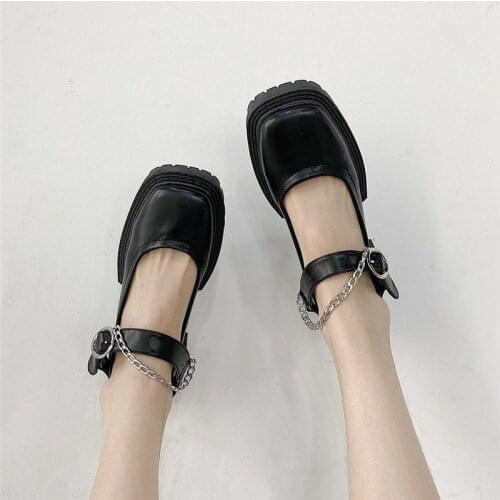 Gothic Punk Black Leather Chain Shoes Chunky Platform Wedges Women Motorcycle Shoes Fashion Designer Square Toe Flats 2021 New
