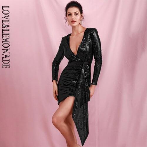 LOVE&LEMONADE Sexy Black Deep V-Neck Ribbon Pleats Sequins Bodycon Party Mini Dress LM82190