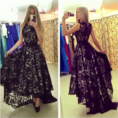 Elegant Black Lace 2018 Saudi Arabia Prom party gown vestido de festa de noiva robe de soiree sleeveless bridesmaid dresses