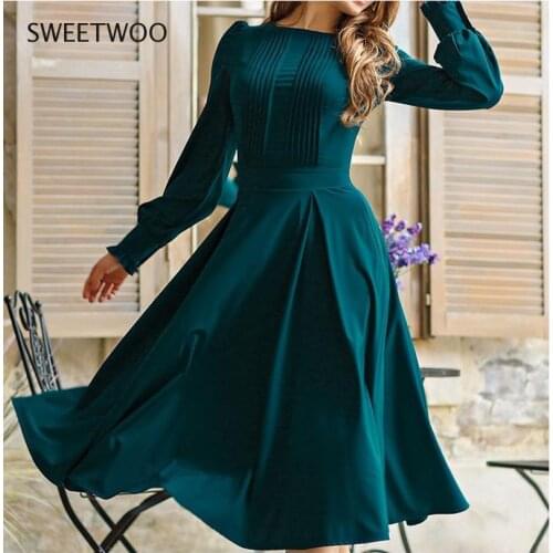 Women Vintage Solid Color Spring Dress Elegant Green Long Sleeve Pleated 2021 Summer Women Casual Dresses