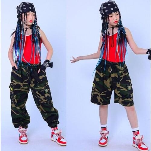 2021 New Jazz Dance Costumes Red Bodysuit Camouflage Pants Suit Boys Girls Hip Hop Dance Clothes Performance Rave Wear DQS7269