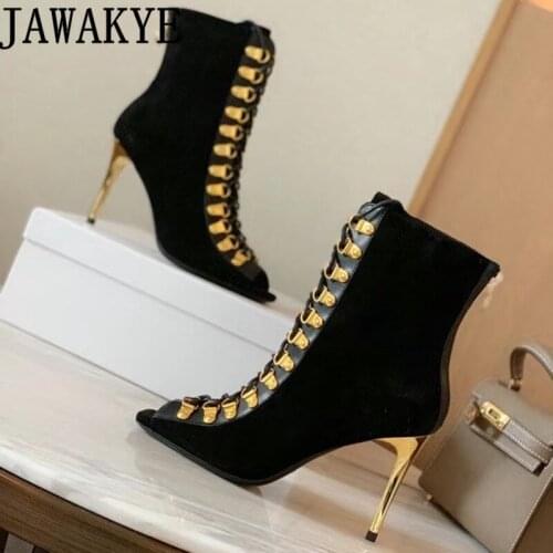 Open toe Sexy Slim High Heel Ankle Boots Women Rivets Button Design Lace up Suede Boots Luxury Brand fashion week Boots Mujer
